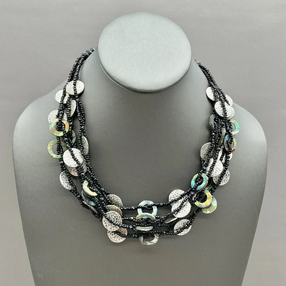 Coldwater Creek Necklace Black Multi Strand Abalone Shell Silver Tone Statement